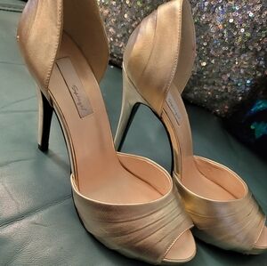 Gold leather platform open toe pumps from Spiegel, Size 7